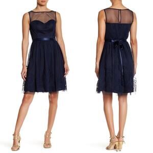 Eliza J Womens Dress Sz M Blue Sleeveless Illusion Neck Satin Belt Knee Length